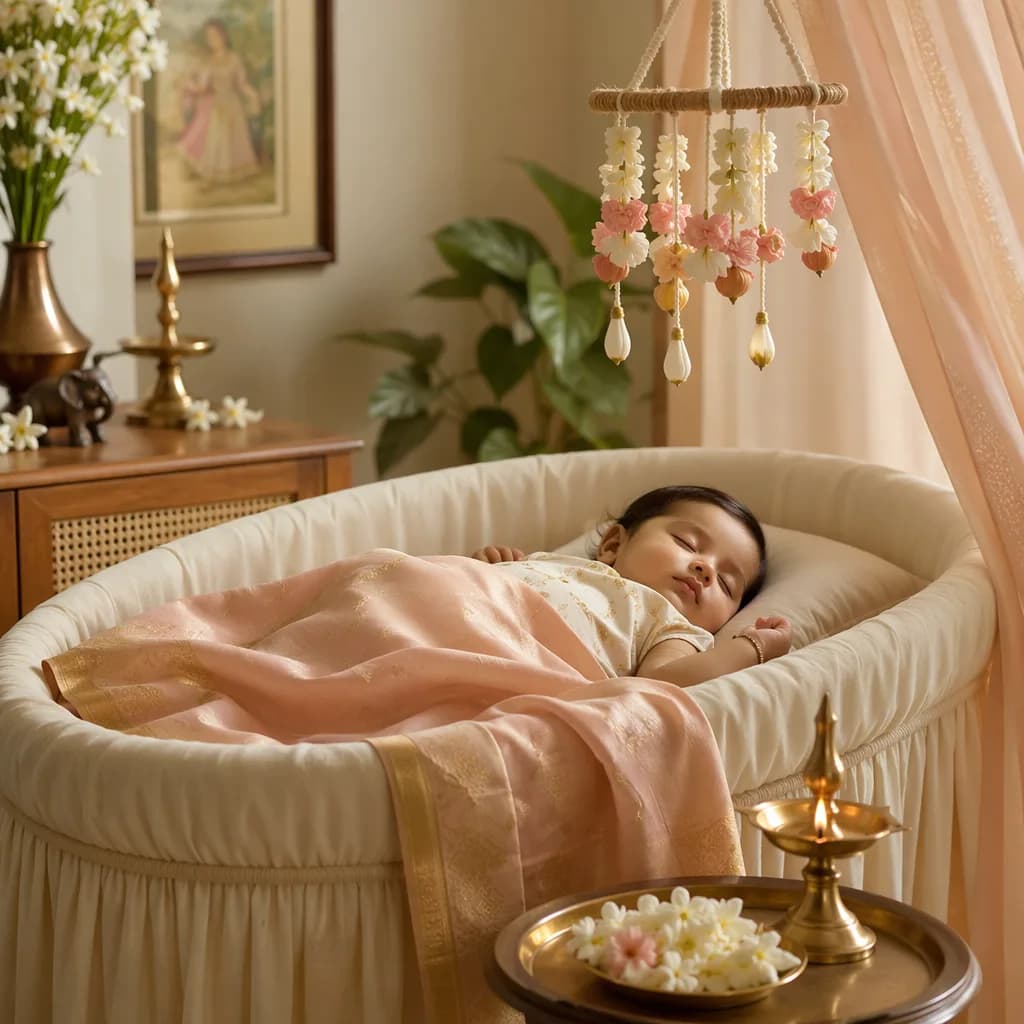 A peaceful Tamil-inspired nursery with a sleeping baby, jasmine flowers, and soft pastel decor.