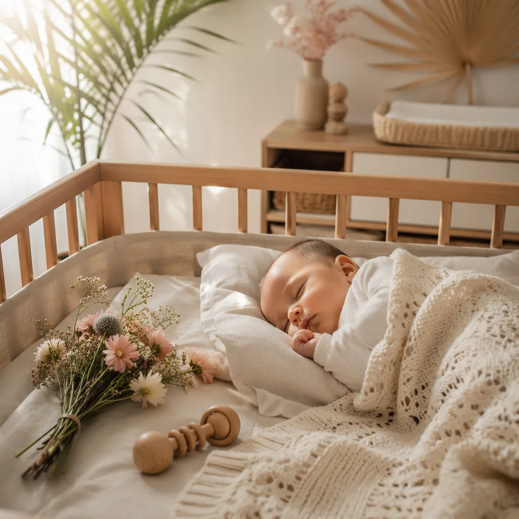 Soft pastel nursery scene with a sleeping baby, wildflowers, and a wooden rattle.