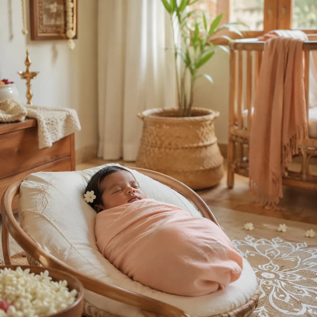 A peaceful Tamil-inspired nursery with a swaddled sleeping baby, jasmine flowers, and soft pastel decor.