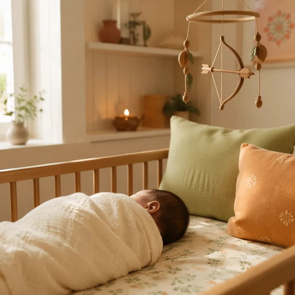 Peaceful Hindi baby nursery scene with soft Indian-inspired details and gentle natural light.