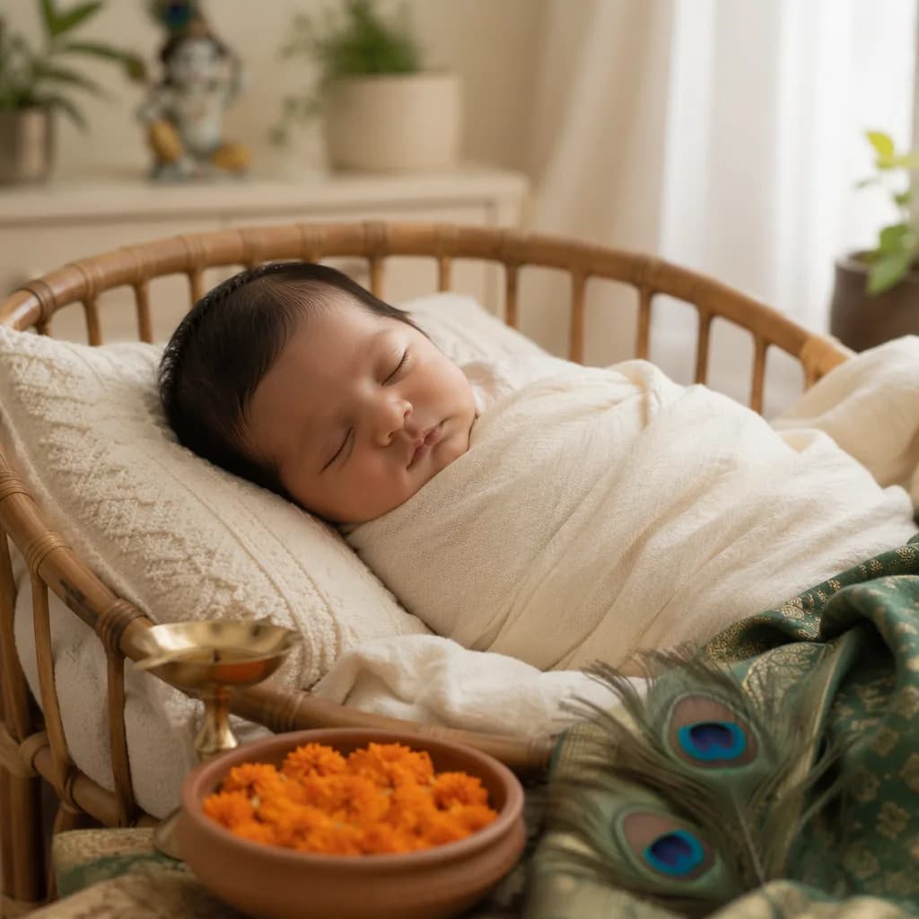 Peaceful newborn in a warm pastel nursery with subtle Indian-inspired decor.