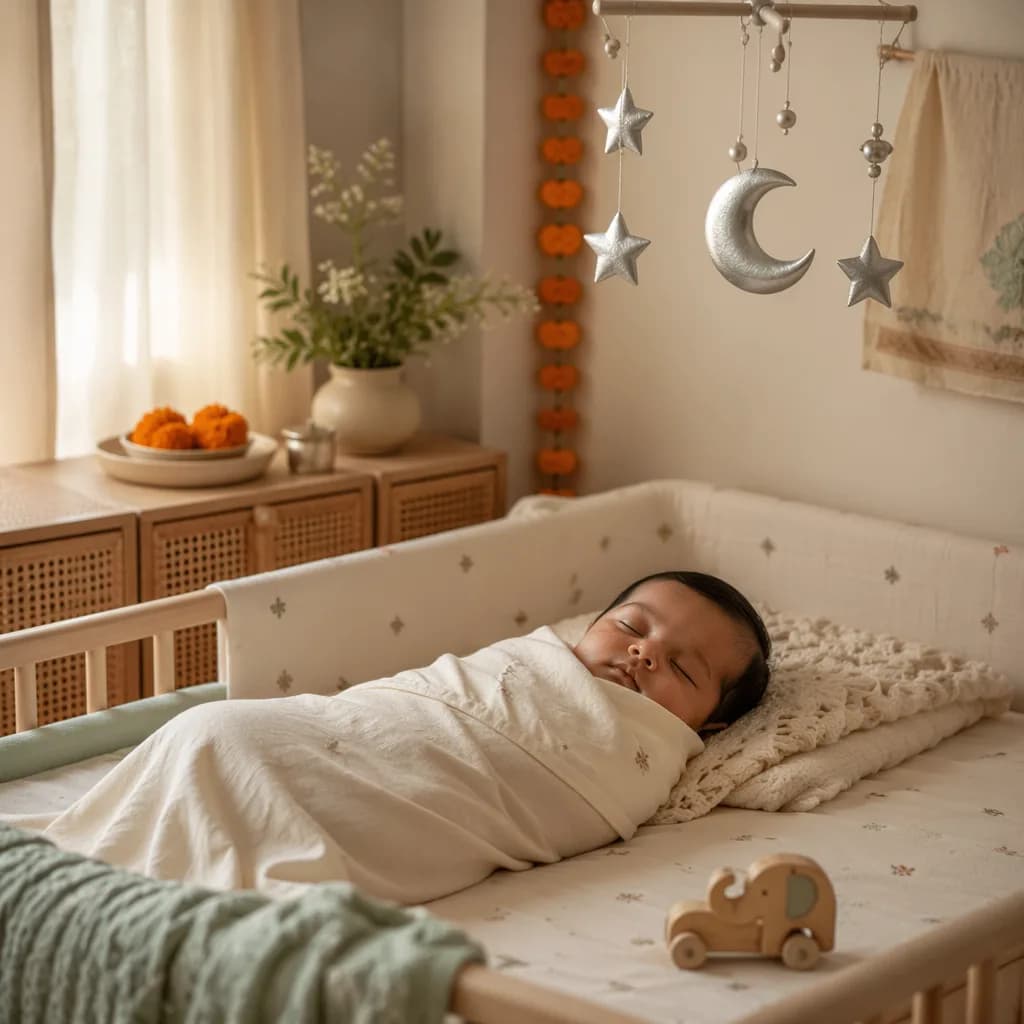 Sleeping baby in a soft pastel nursery with a silver moon mobile and gentle Indian-inspired accents.