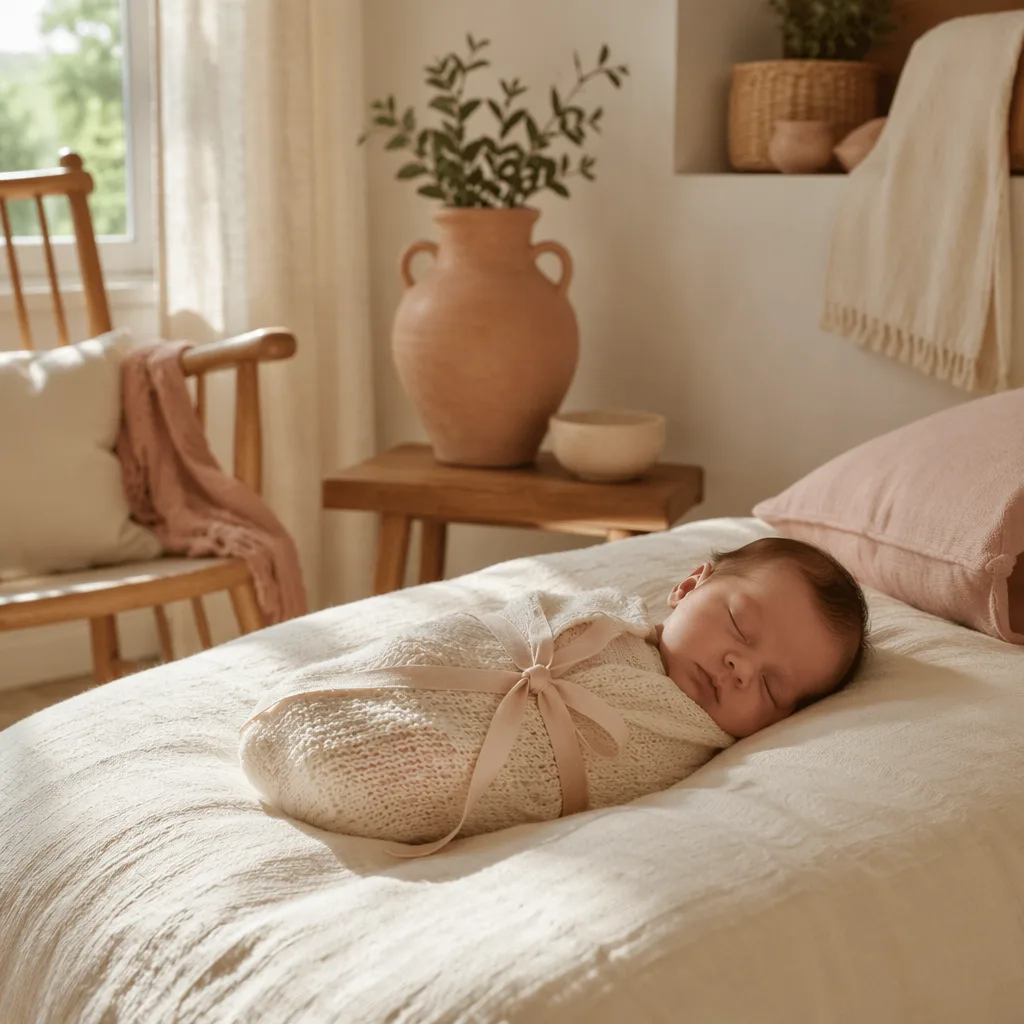 Sleeping baby in a warm pastel Spanish-inspired nursery.