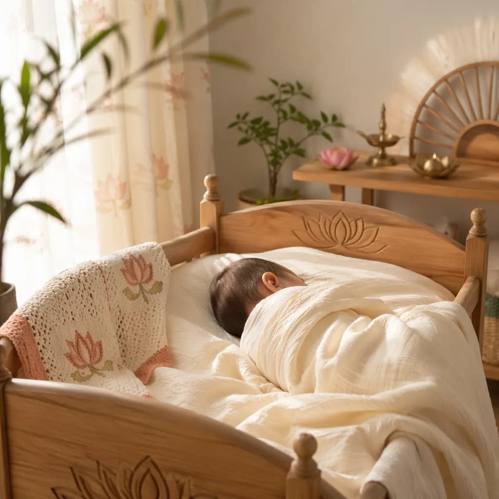 Soft pastel nursery scene with a swaddled sleeping baby, warm sunlight, and subtle Sanskrit-inspired decor.