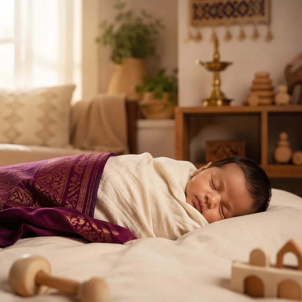 Sleeping swaddled baby in a warm pastel nursery with subtle Indian-inspired decor.