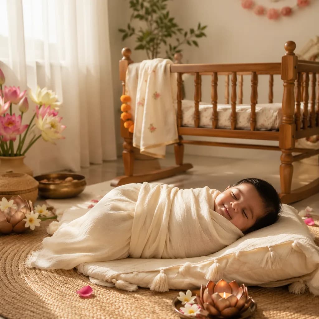 Peaceful baby in a warm pastel nursery with soft Sanskrit-inspired decor.