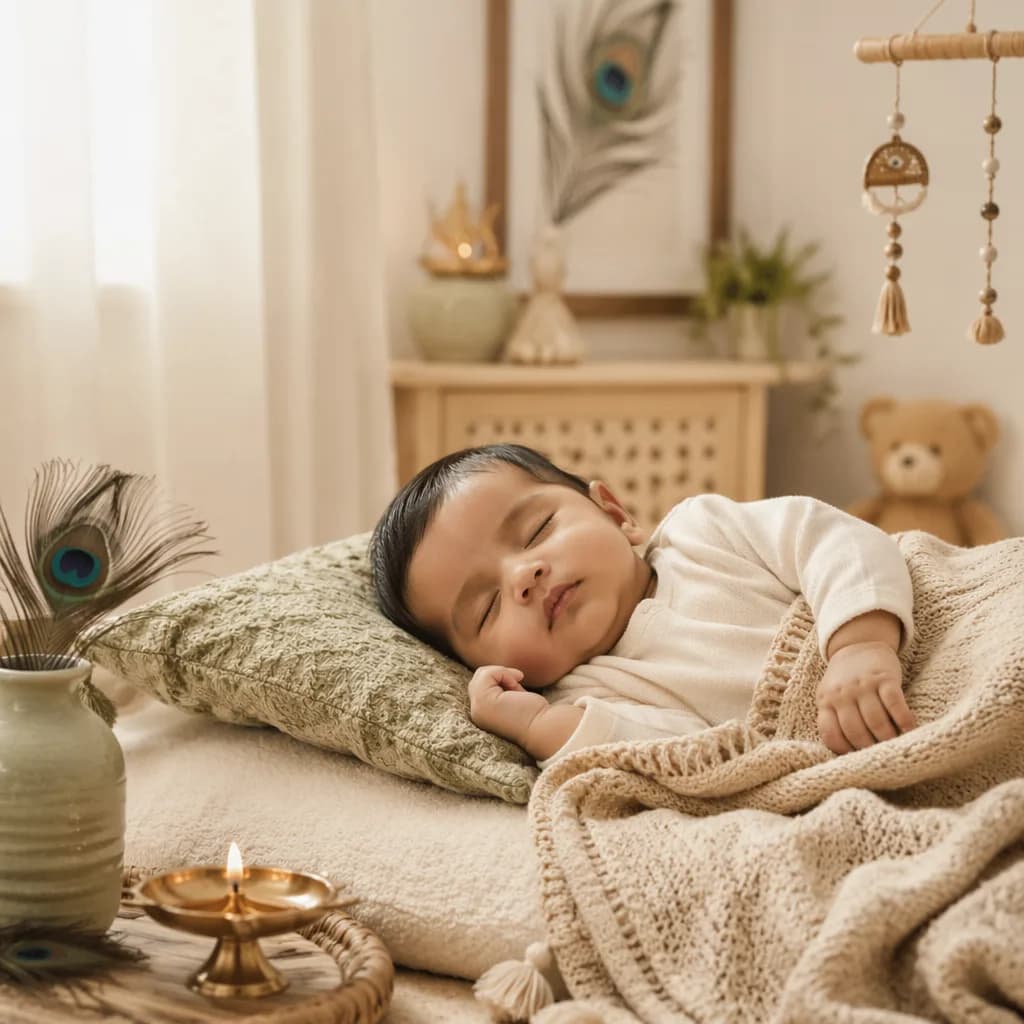 Peaceful baby boy in a soft pastel nursery with subtle Indian-inspired decor.