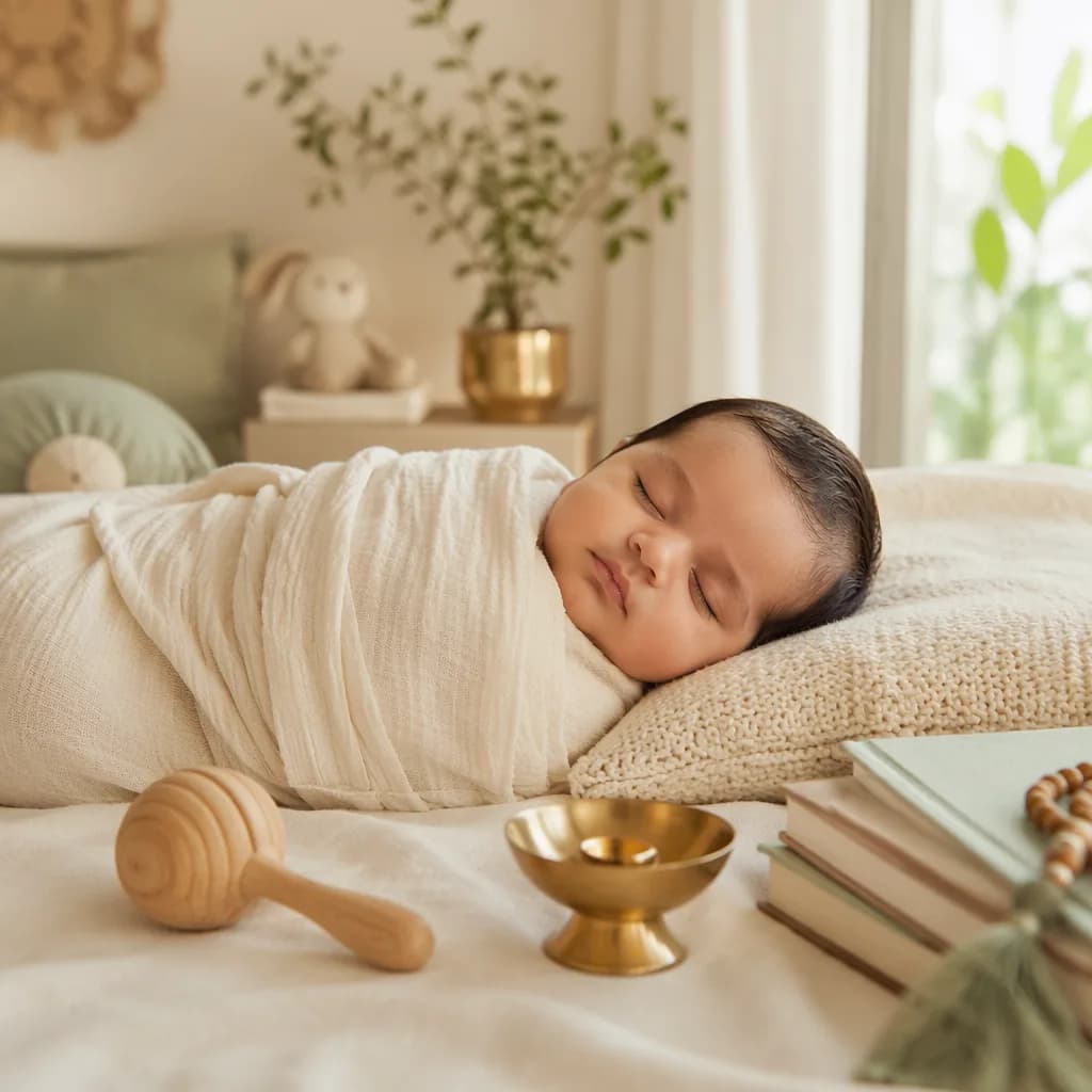 Peaceful baby in a warm pastel nursery with gentle Sanskrit-inspired details.