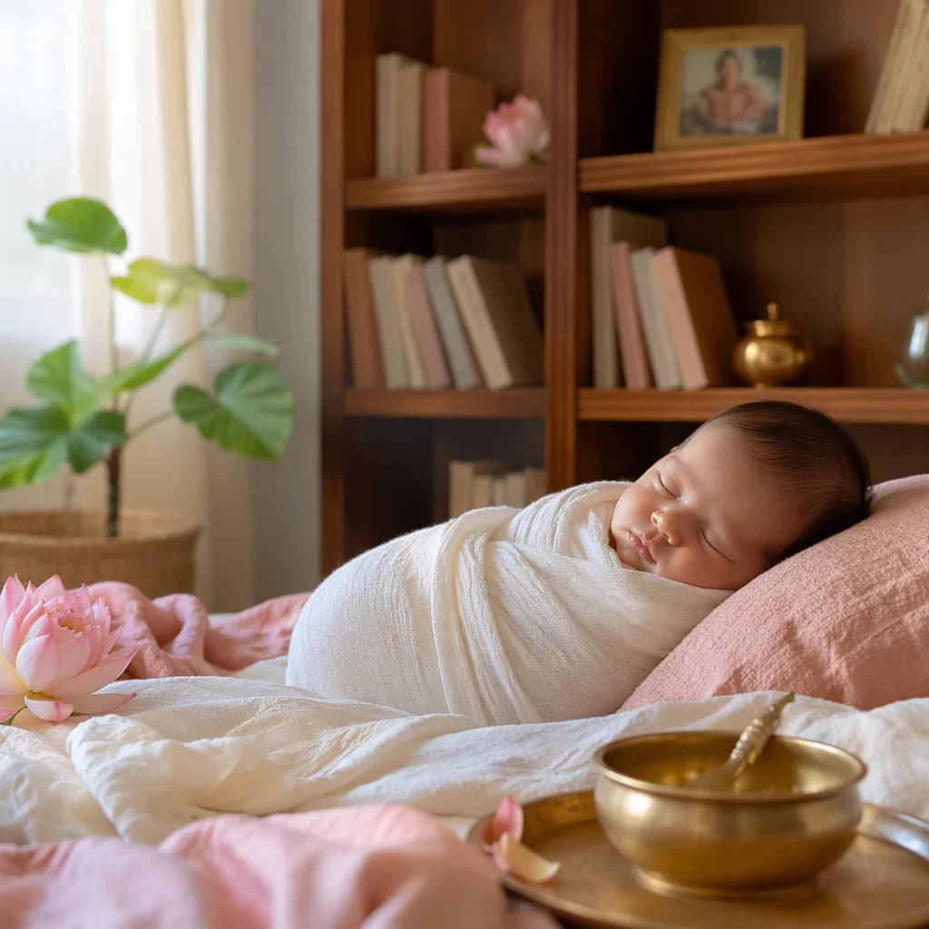 Serene pastel nursery with a swaddled sleeping baby, lotus flowers, and a small brass bowl symbolizing Sanskrit heritage.