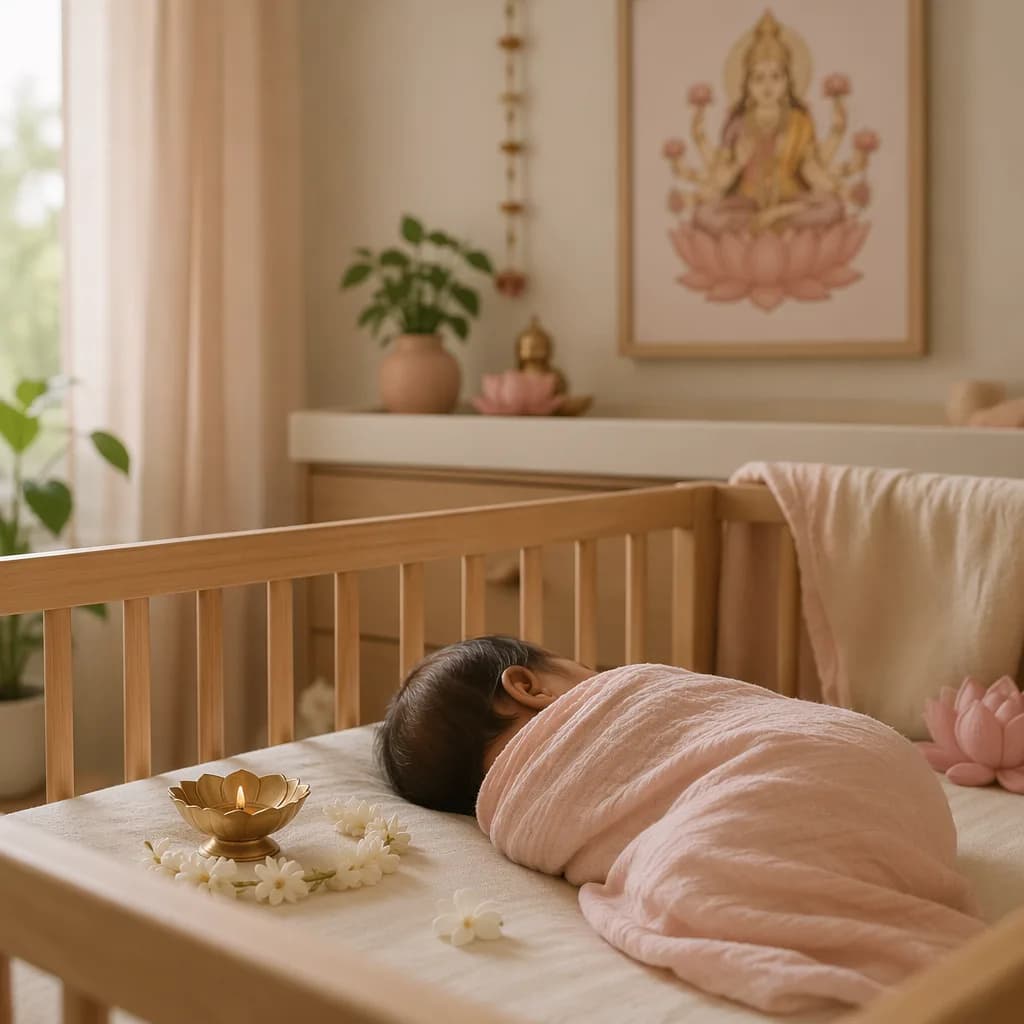 A softly lit pastel nursery with a swaddled sleeping baby and delicate Indian-inspired decor.