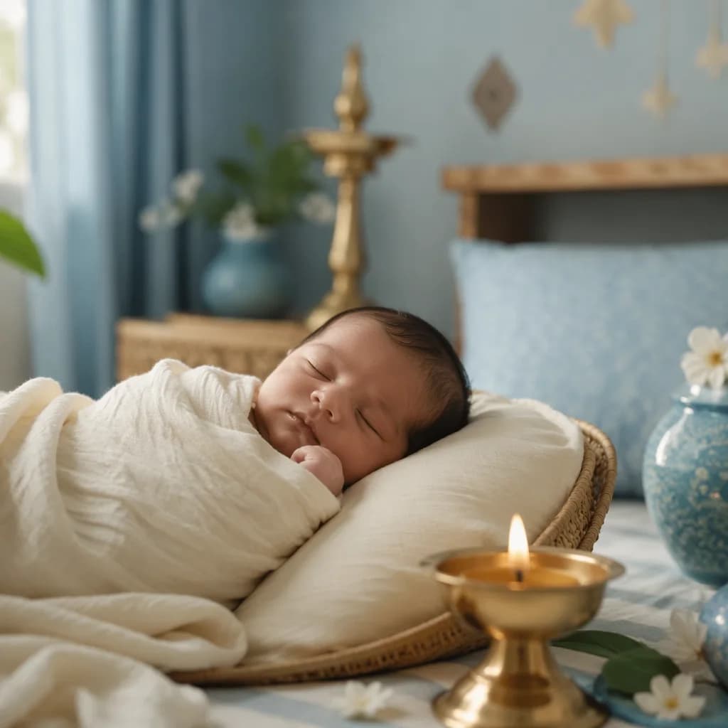 Sleeping Bengali newborn in a soft pastel nursery with warm gentle light.