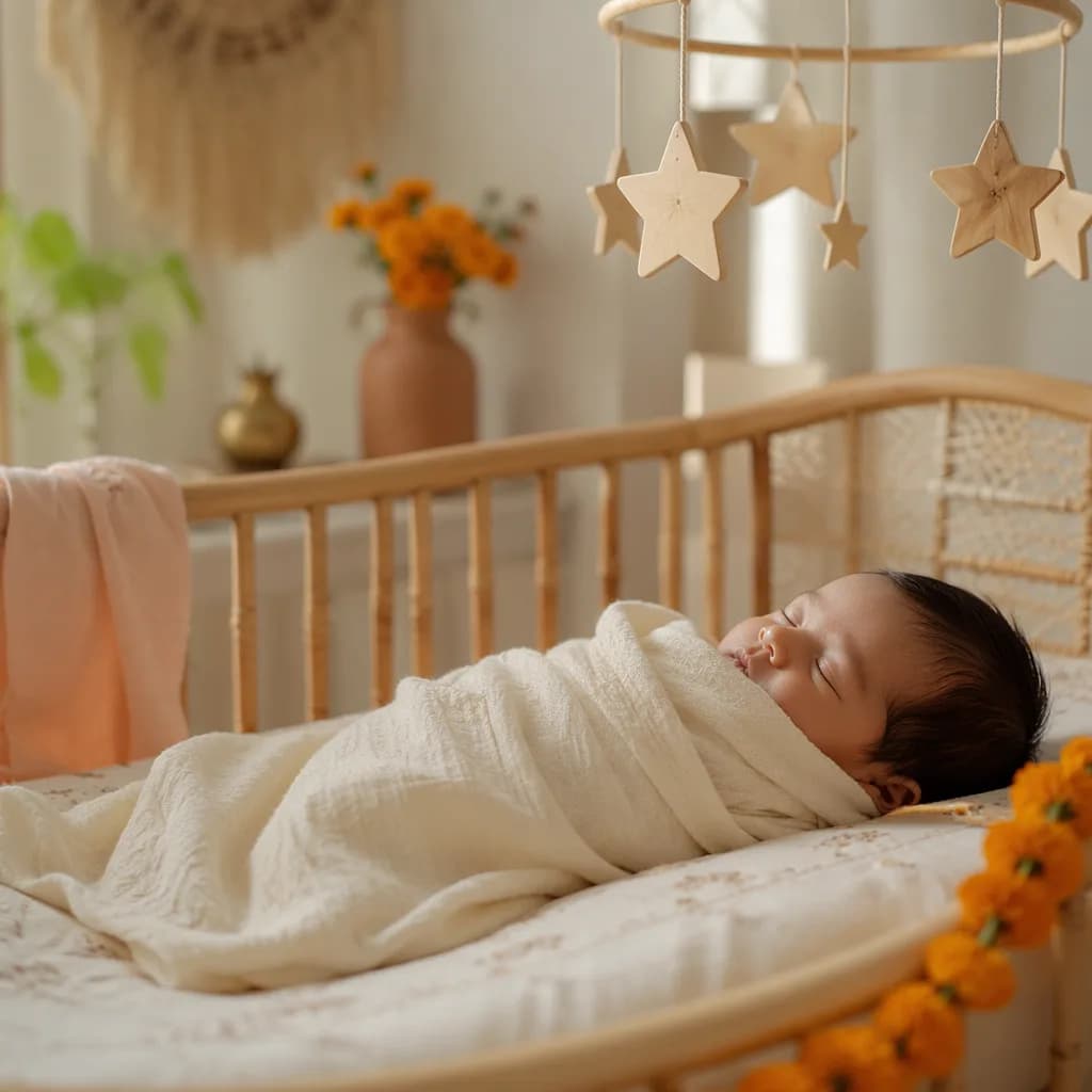 Peaceful baby in a pastel nursery with a star mobile and gentle Indian-inspired accents.