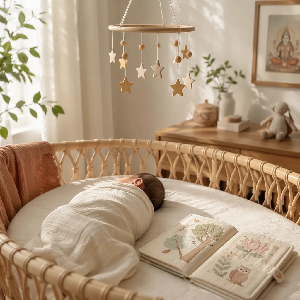 A peaceful pastel nursery with a swaddled baby, star mobile, and soft baby book.