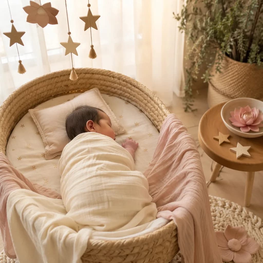 A softly lit pastel nursery with a swaddled sleeping baby, star decor, and gentle lotus-inspired accents.