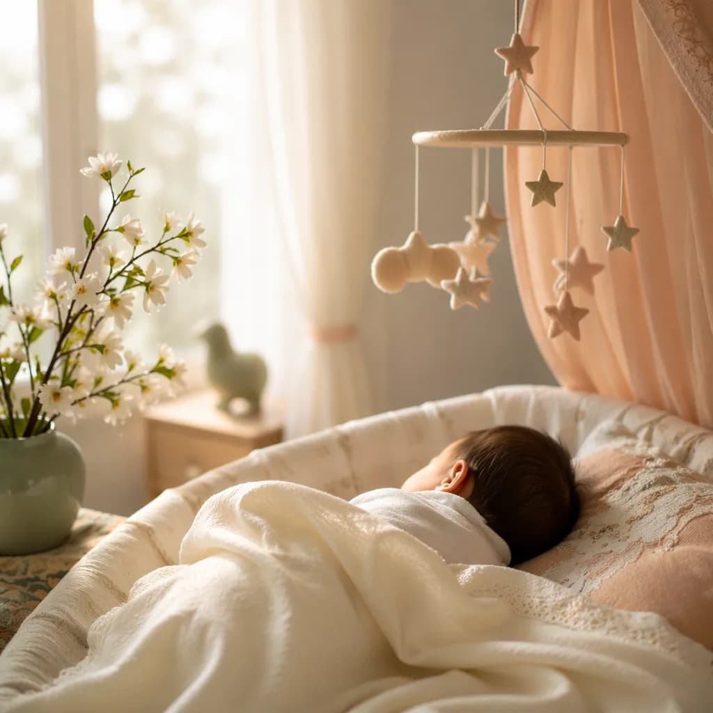 Soft pastel Persian-inspired nursery with a sleeping baby, dew-kissed flowers, and a star mobile.