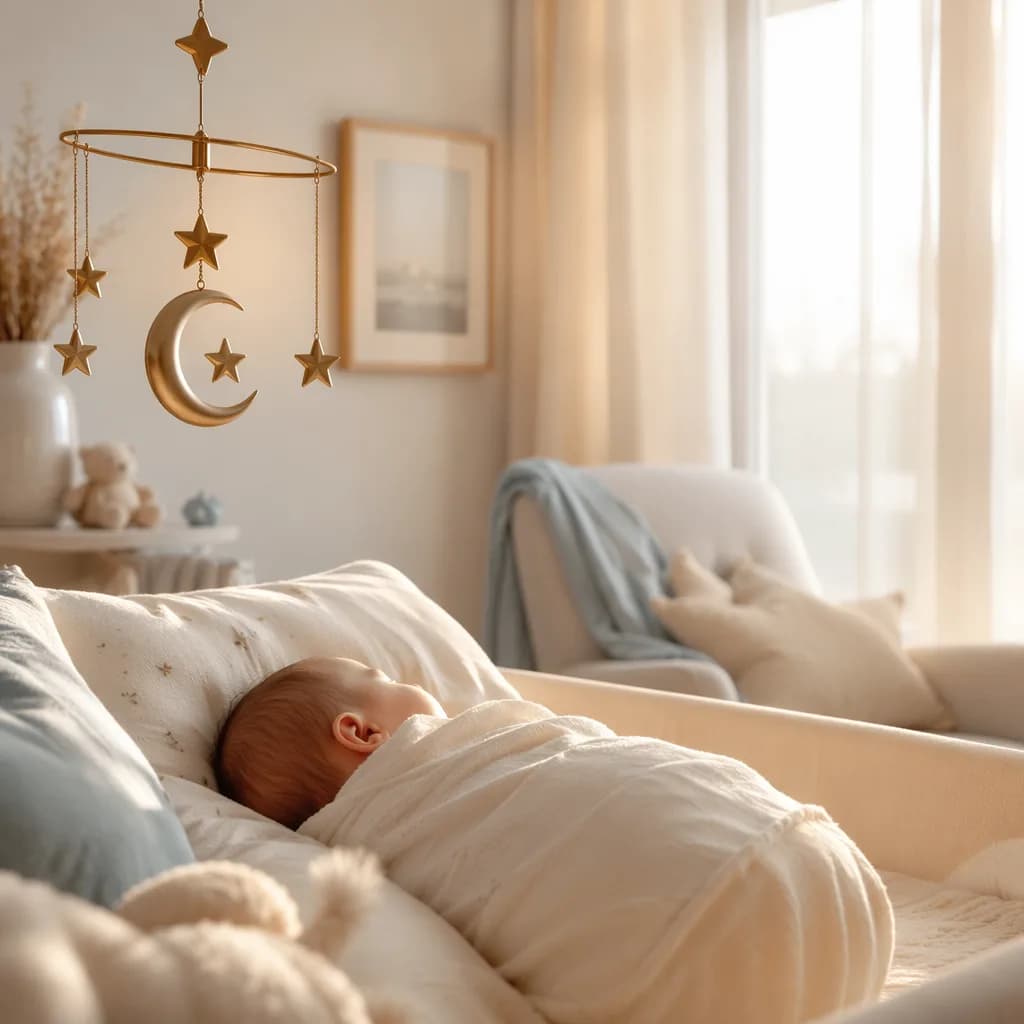 Sleeping newborn in a soft Arabic-inspired nursery with gentle dawn light and celestial decor.