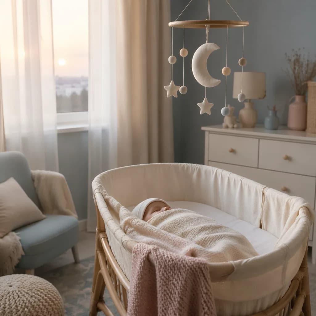 A peaceful pastel nursery with a swaddled baby and crescent star mobile in soft dawn light.