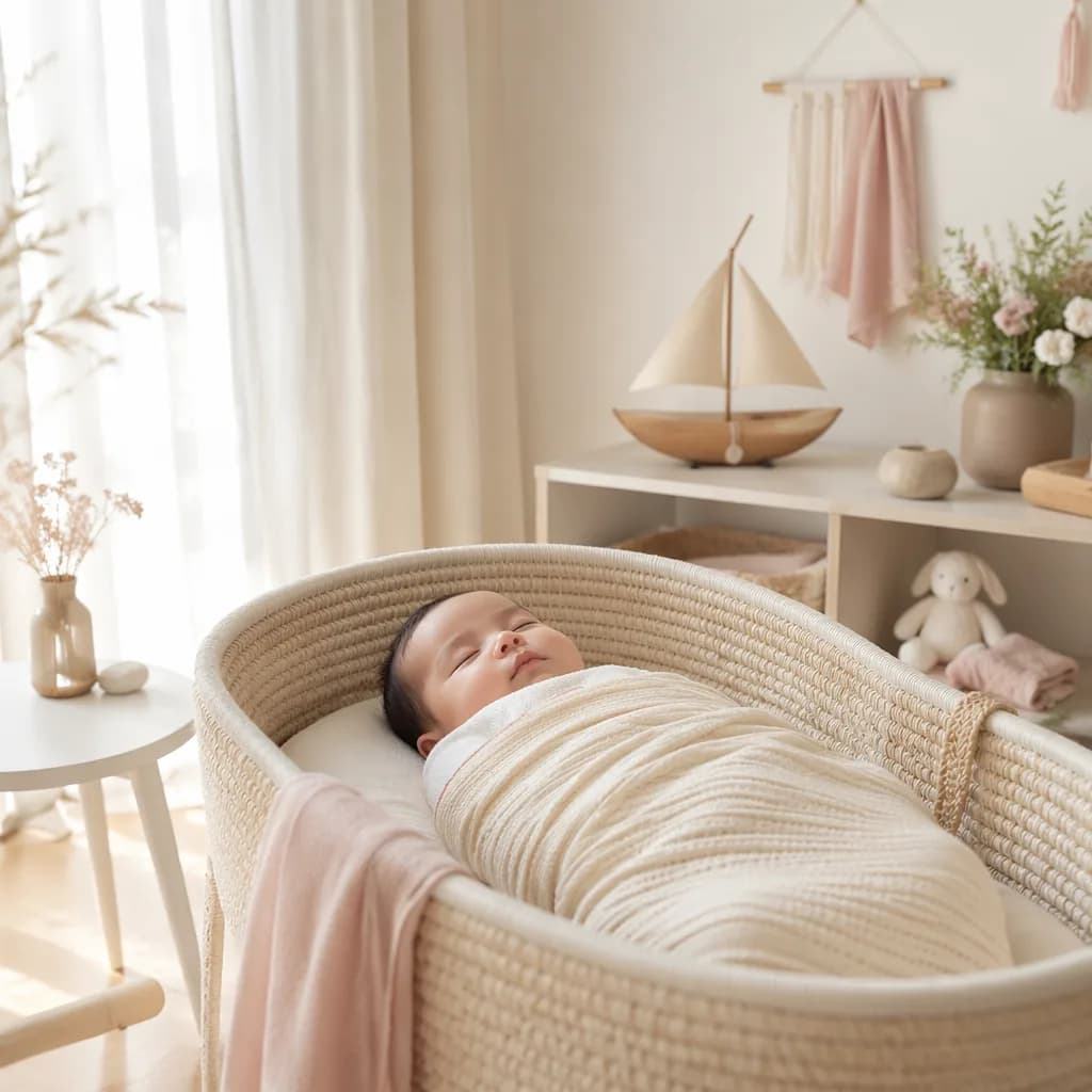 Serene pastel nursery with a swaddled sleeping baby and a small wooden toy boat symbolizing Tarini.