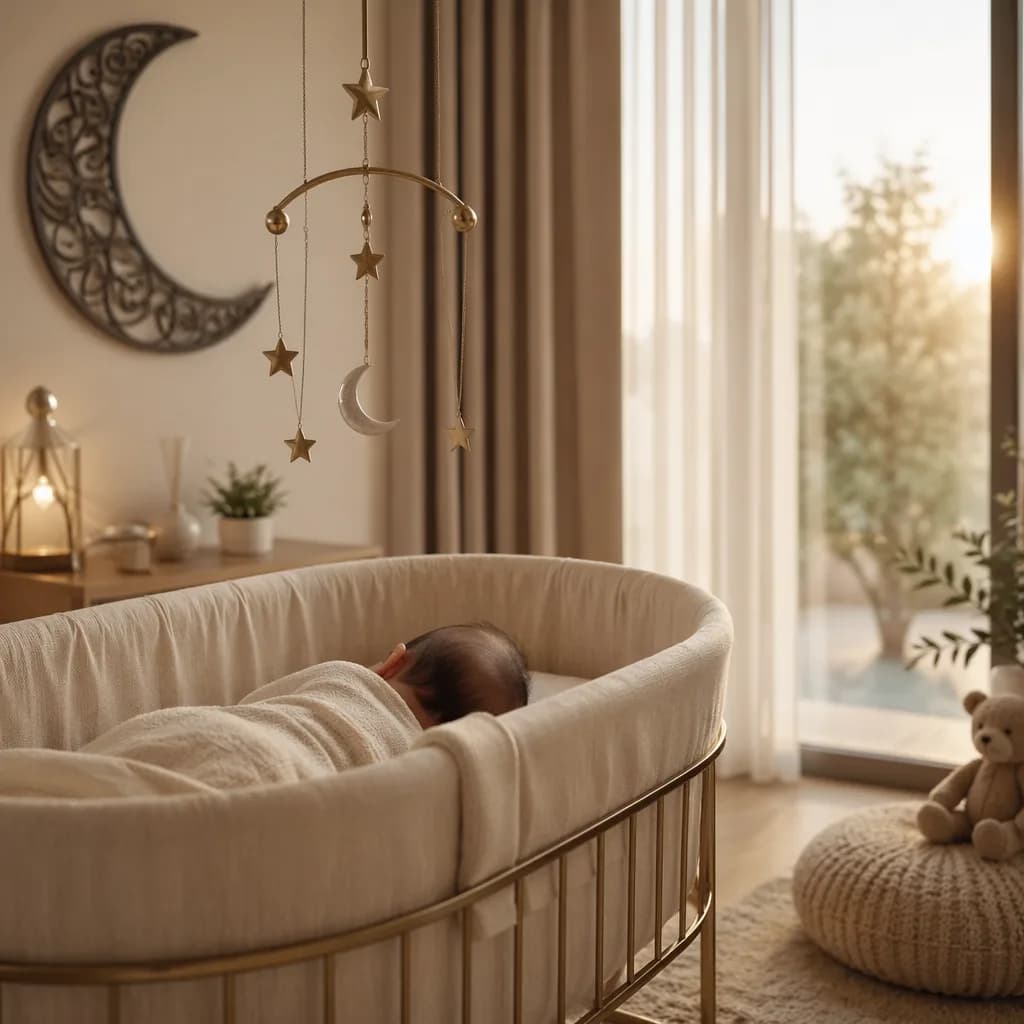 A peaceful Arabic-inspired nursery at dawn with a sleeping baby, star mobile, and soft pastel decor.