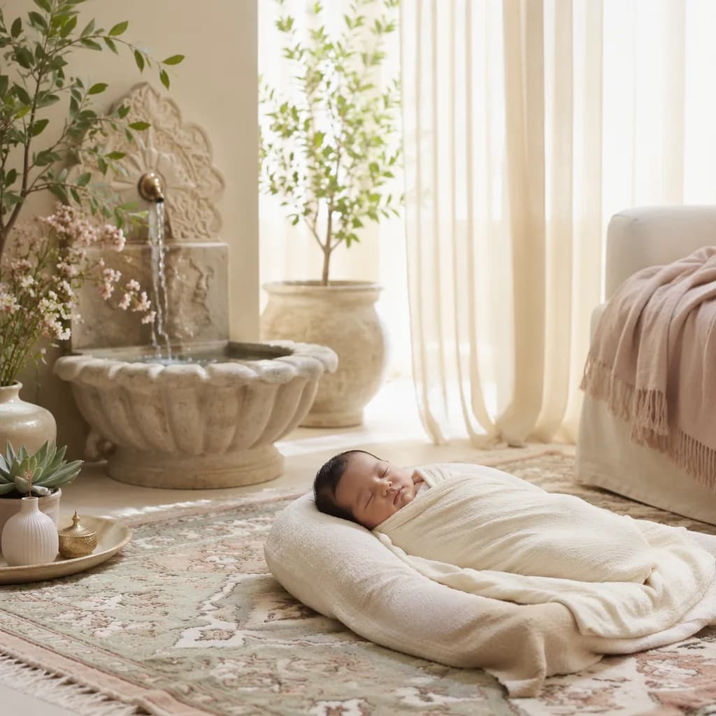 Soft pastel nursery with a swaddled baby and a gentle fountain inspired by Tasneem.