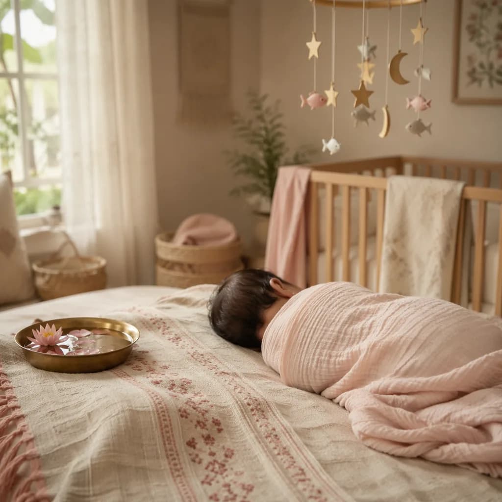 A peaceful Bengali nursery with a swaddled sleeping baby and soft celestial details.