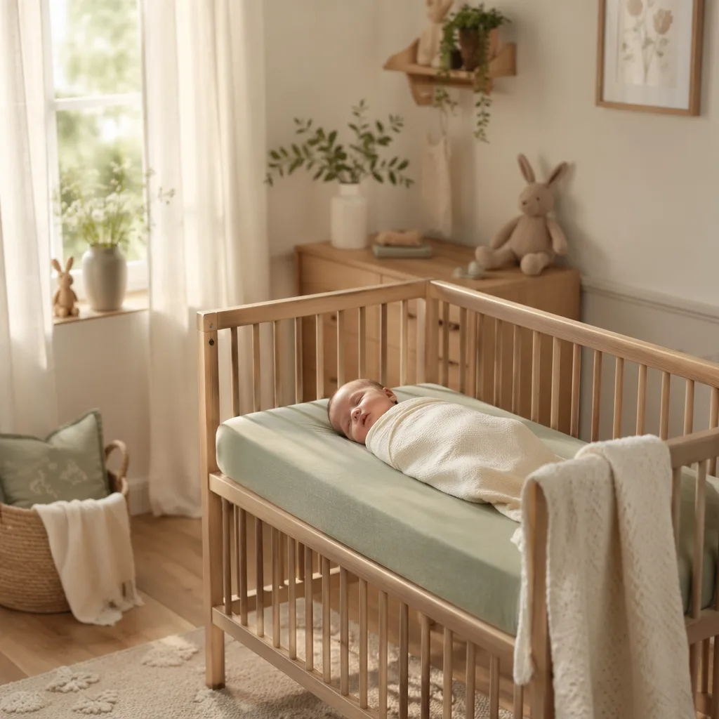Sleeping newborn in a cozy pastel English countryside-inspired nursery.