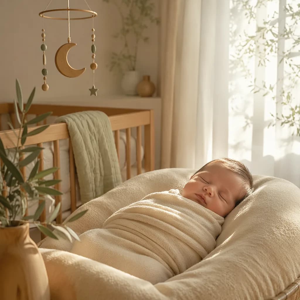 Non-identifiable newborn sleeping in a softly lit pastel nursery with warm Arabic-inspired details.