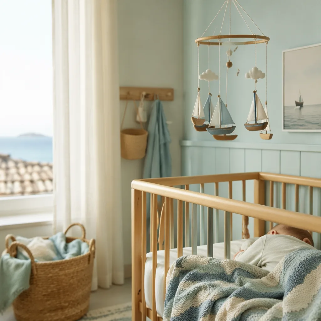 Soft Spanish-inspired nursery with a sleeping baby and gentle nautical details.