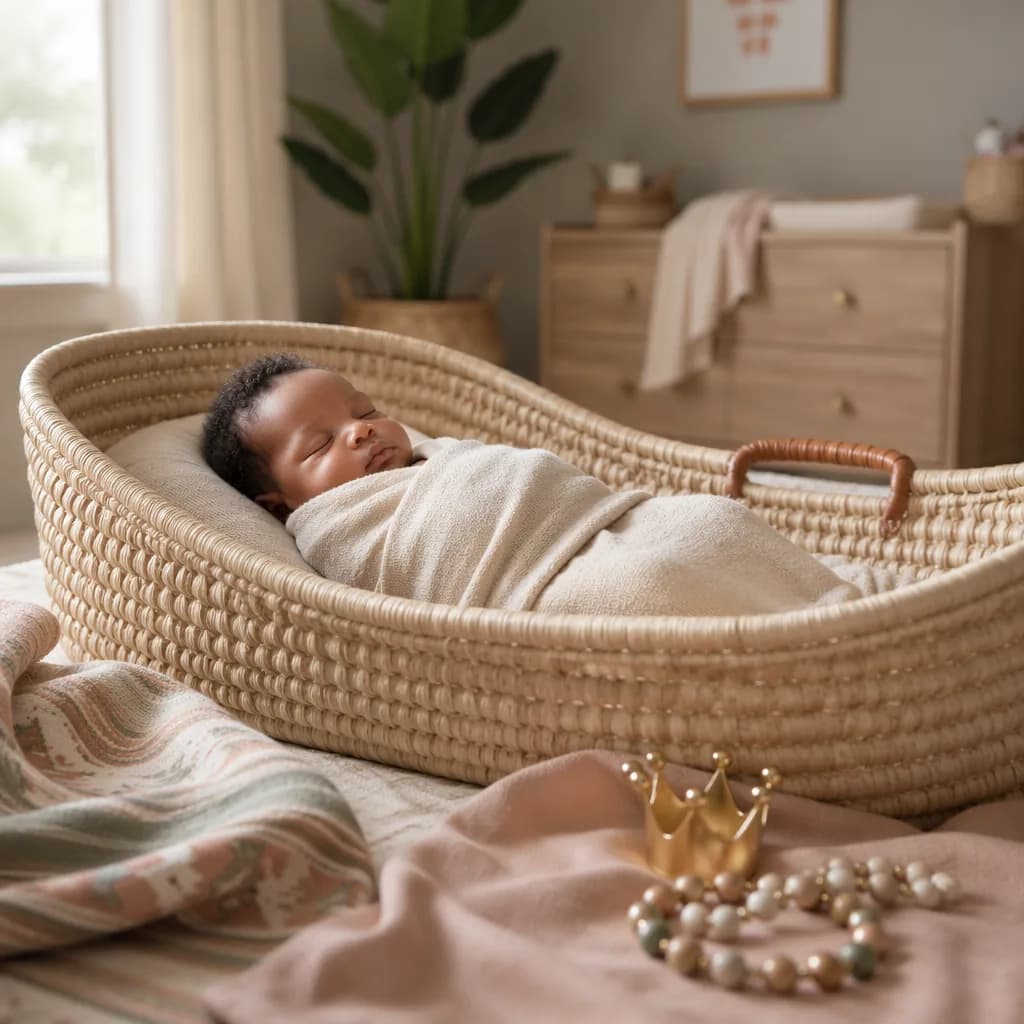 Sleeping newborn in a soft Yoruba-inspired nursery with gentle crown and blessing-themed accents.