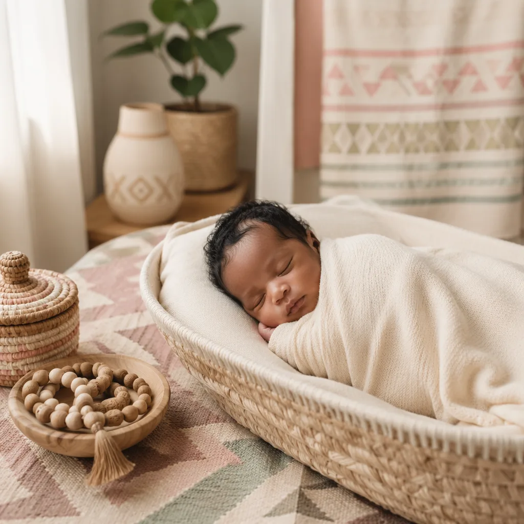A peaceful newborn in a soft Yoruba-inspired nursery with woven pastel accents.