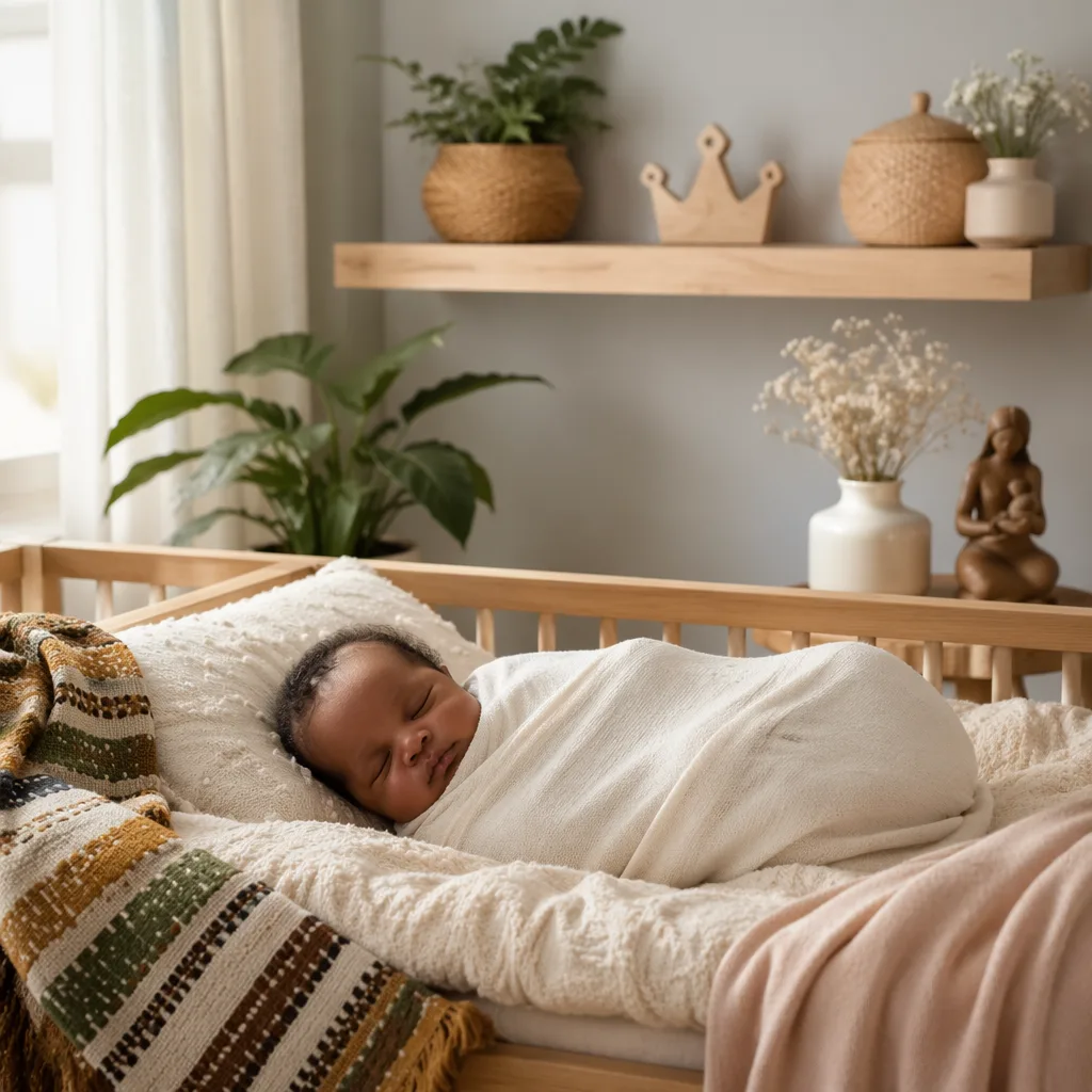 A peaceful Yoruba-inspired nursery with a swaddled newborn and soft symbolic crown decor.