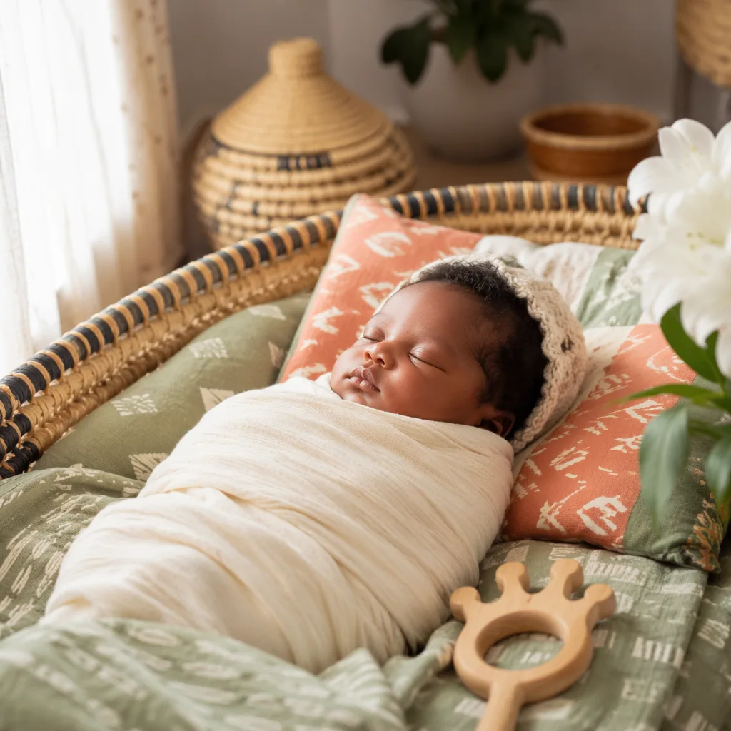 Sleeping Nigerian newborn in a soft pastel nursery with Yoruba-inspired details.