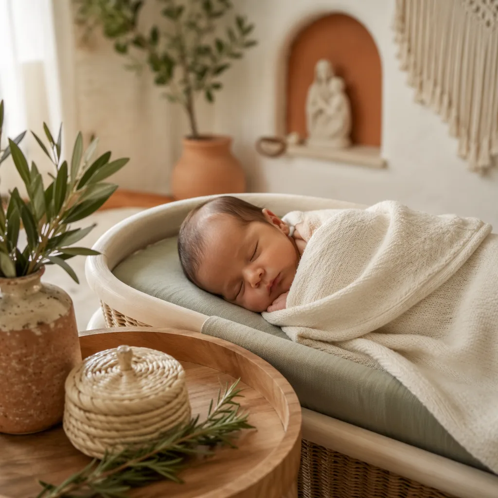 Sleeping newborn in a soft Spanish-inspired nursery with rosemary accents.