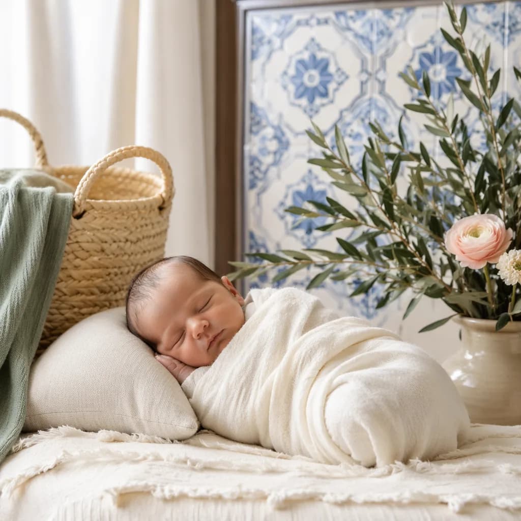 A peaceful newborn in a soft pastel nursery with olive branches and subtle Portuguese accents.