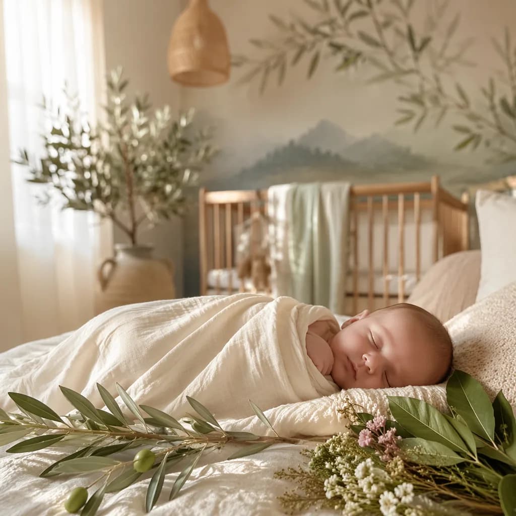 Soft pastel Greek-inspired nursery with a sleeping swaddled baby, olive branches, and delicate flowers.