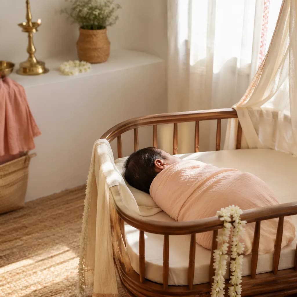 A softly lit Tamil-inspired nursery with a swaddled sleeping baby in a wooden cradle.