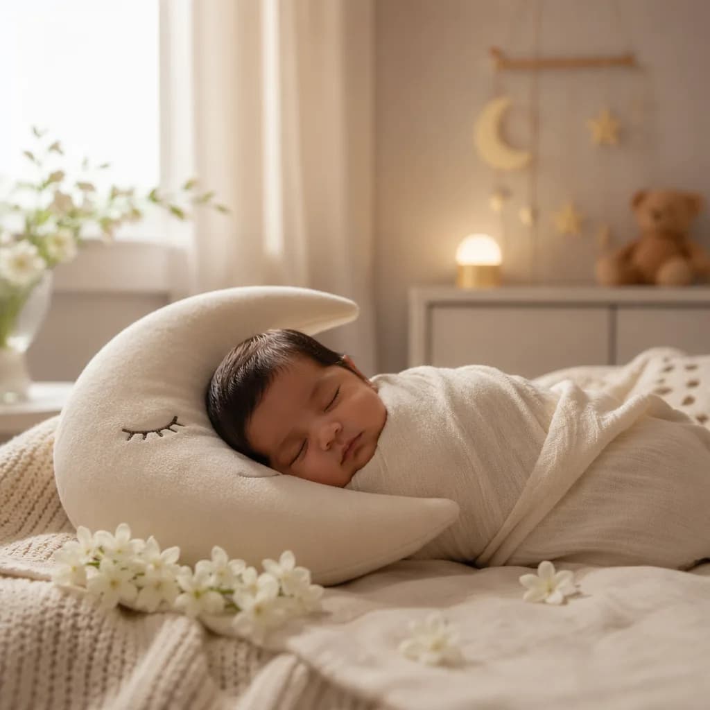 Sleeping baby in a soft pastel nursery with moon and jasmine accents.
