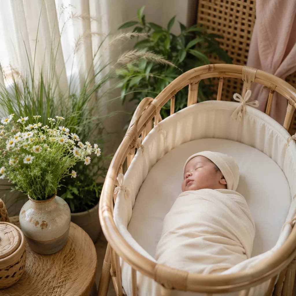 Peaceful Vietnamese nursery scene with a swaddled baby, soft greenery, and warm natural light.