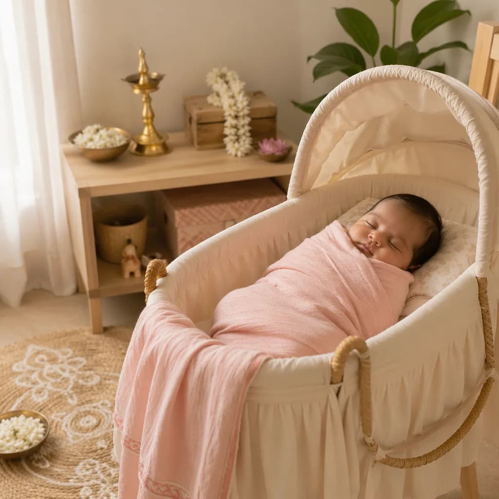 Tamil baby sleeping in a cozy pastel nursery with jasmine and soft natural light.