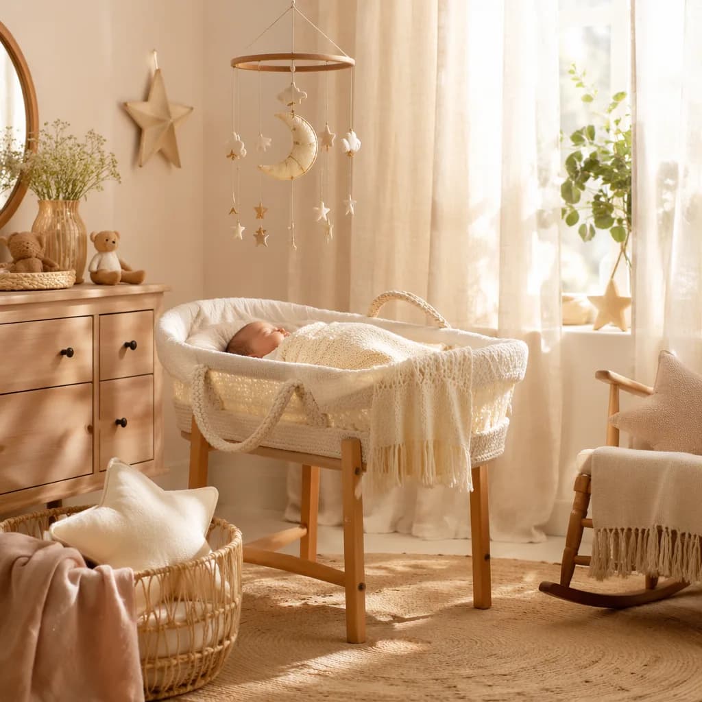 Serene pastel nursery with a sleeping baby and gentle celestial accents.