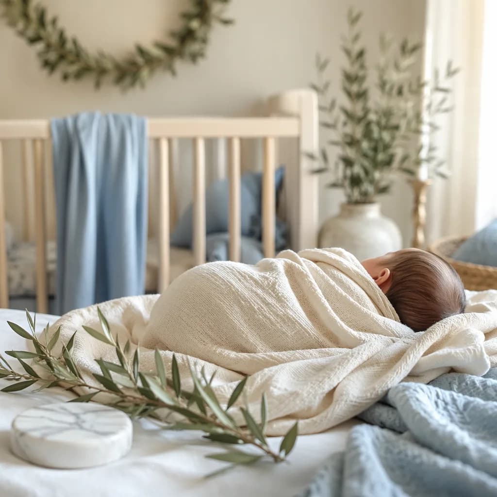 Sleeping swaddled baby in a soft Greek-inspired nursery with olive branch details.