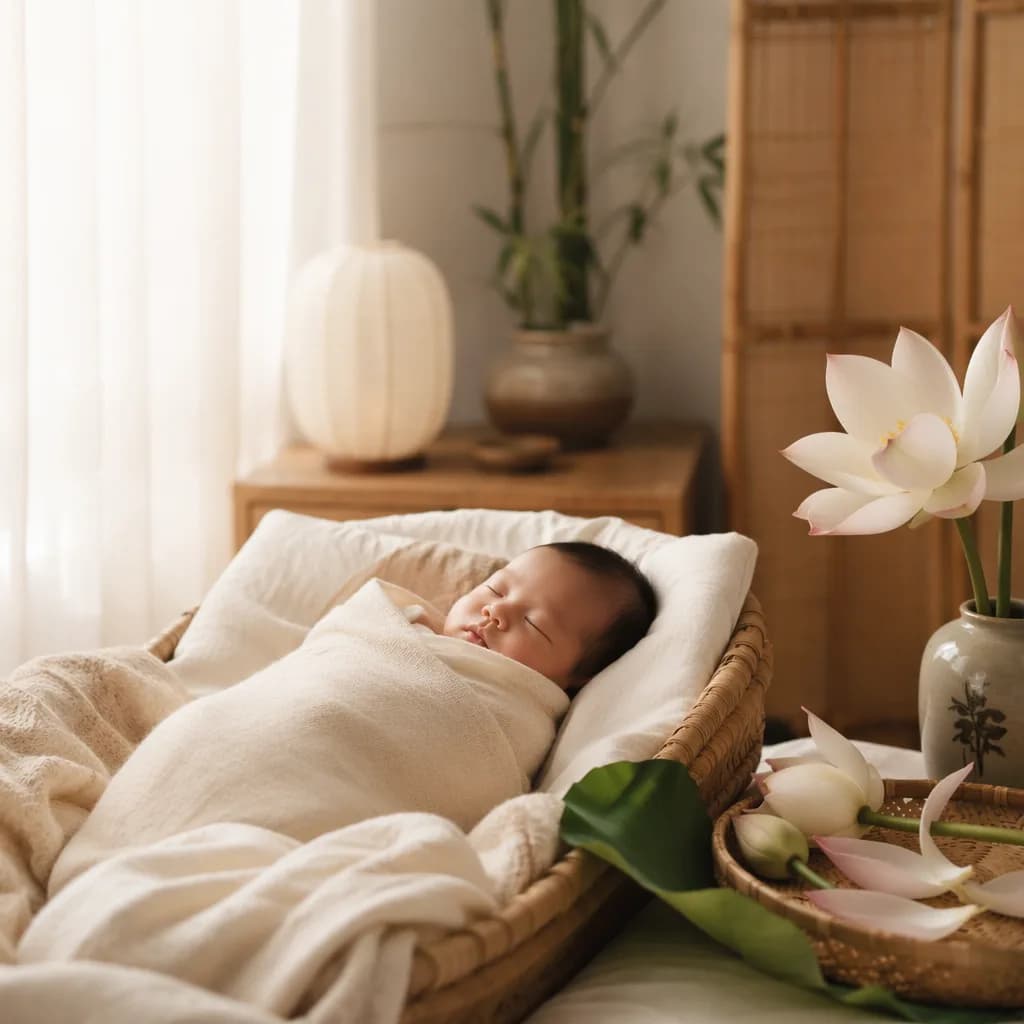 Peaceful Vietnamese-inspired nursery with a swaddled sleeping baby, lotus flowers, and soft morning light.