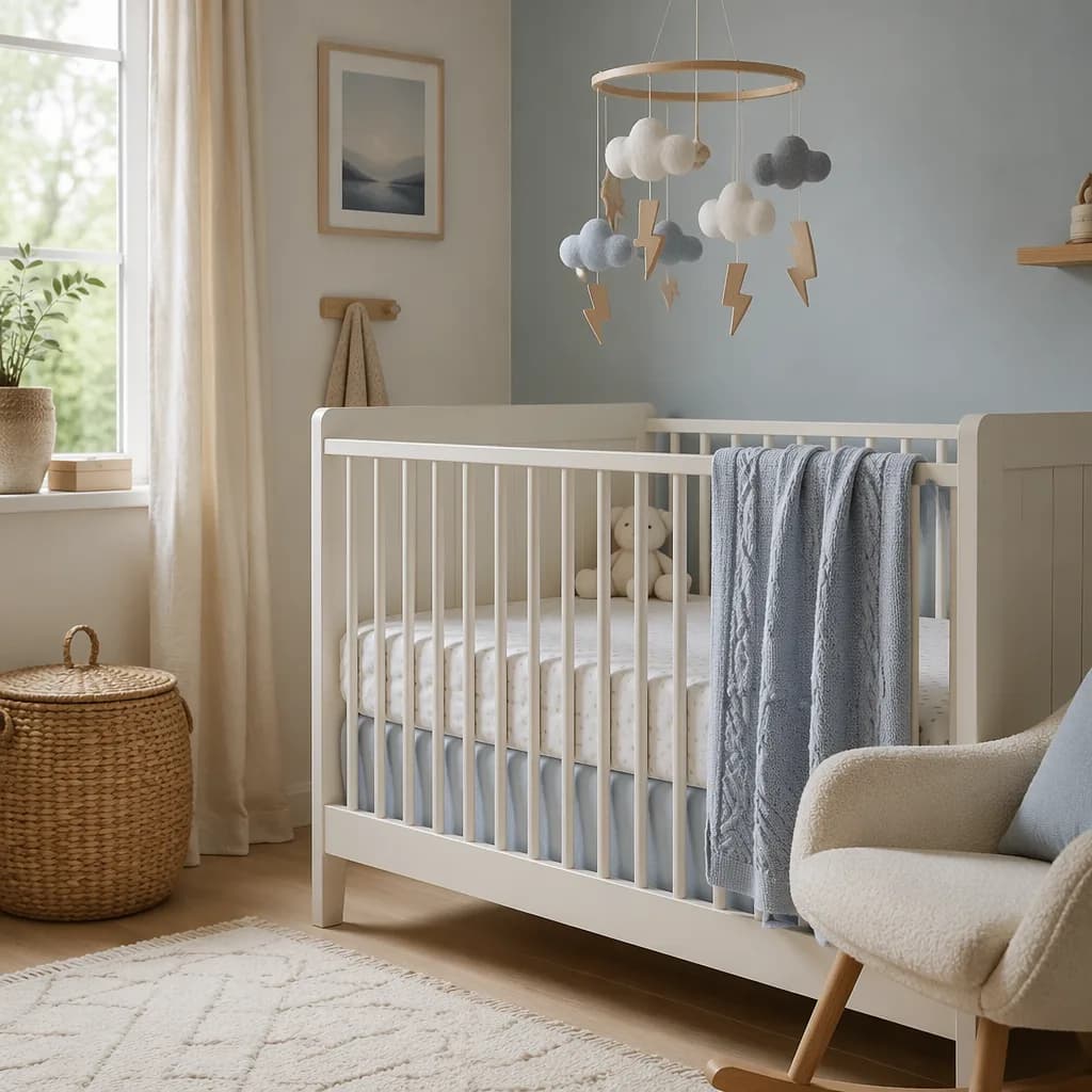 Soft pastel nursery with a cloud and lightning mobile inspired by the name Thora.