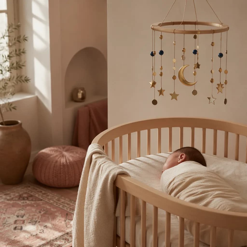 Soft pastel nursery with a sleeping baby and star mobile inspired by the Pleiades.