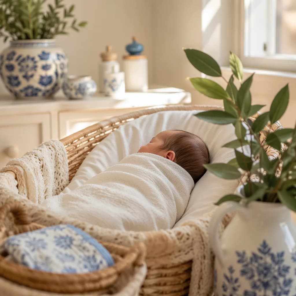 A softly lit Portuguese-inspired nursery with a swaddled sleeping baby and laurel greenery.