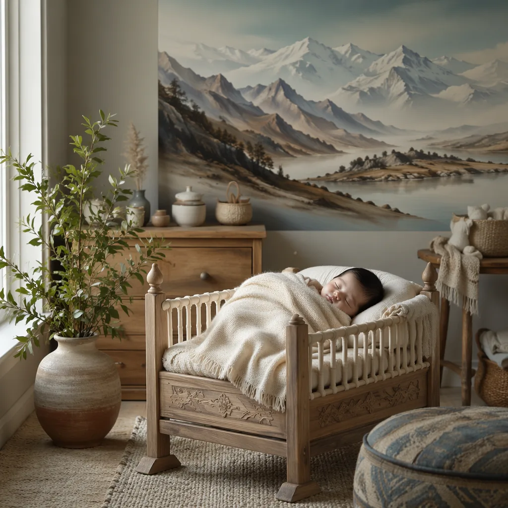 Sleeping newborn in a soft pastel nursery with subtle mountain-inspired decor.