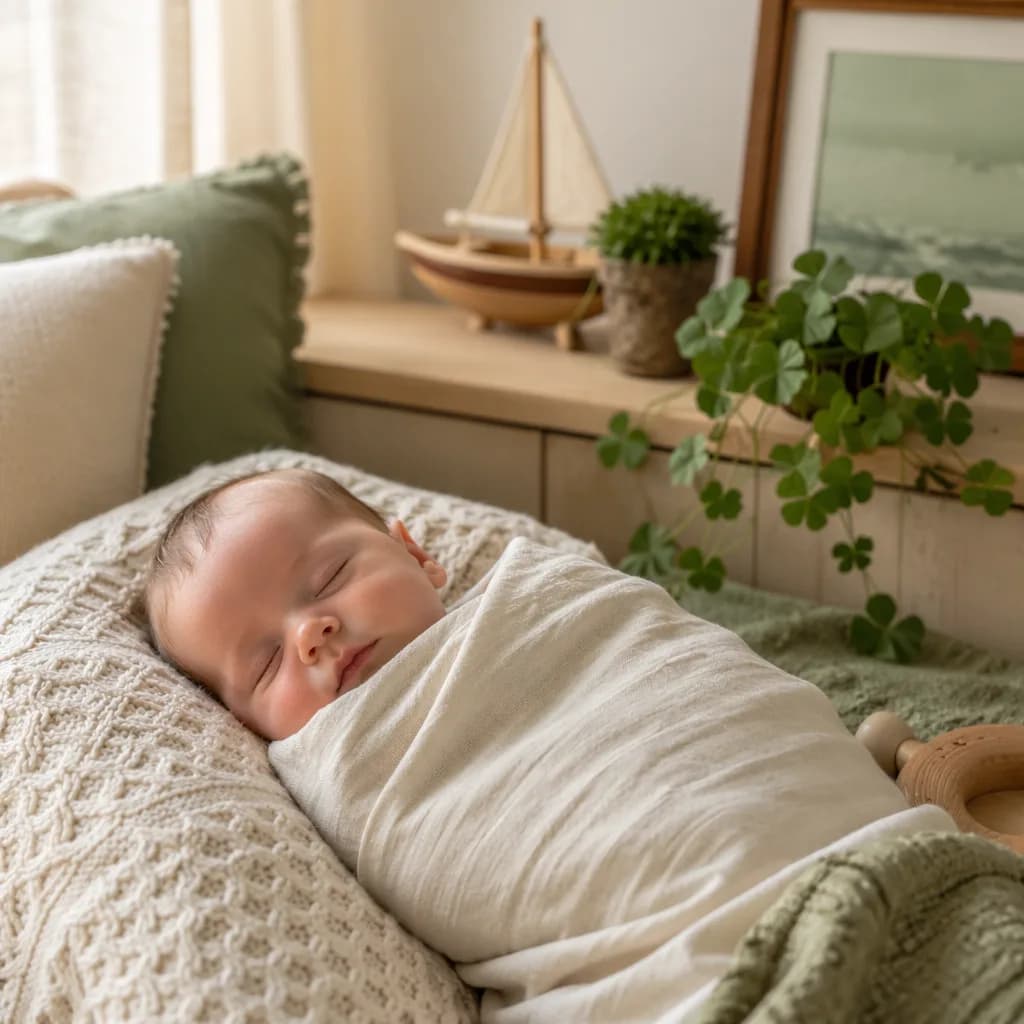 Sleeping baby in a soft Irish-inspired nursery with a wooden toy boat and pastel decor.