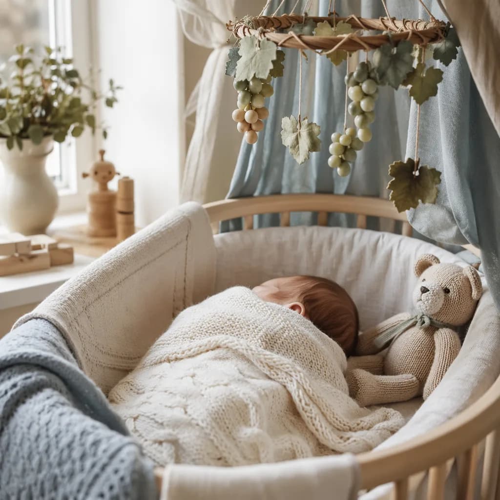 Sleeping newborn in a cozy pastel nursery with gentle grapevine details.