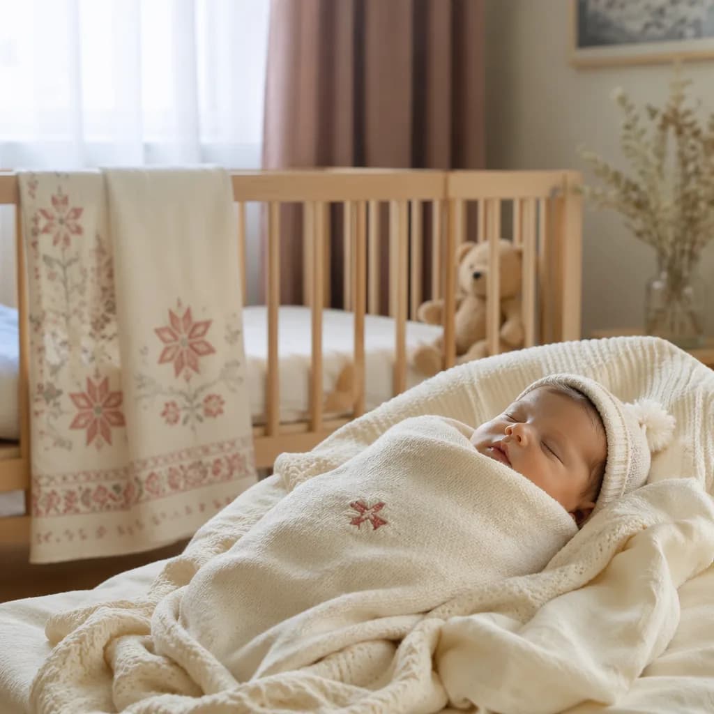 A peaceful swaddled baby in a softly lit modern nursery with subtle Russian-inspired details.