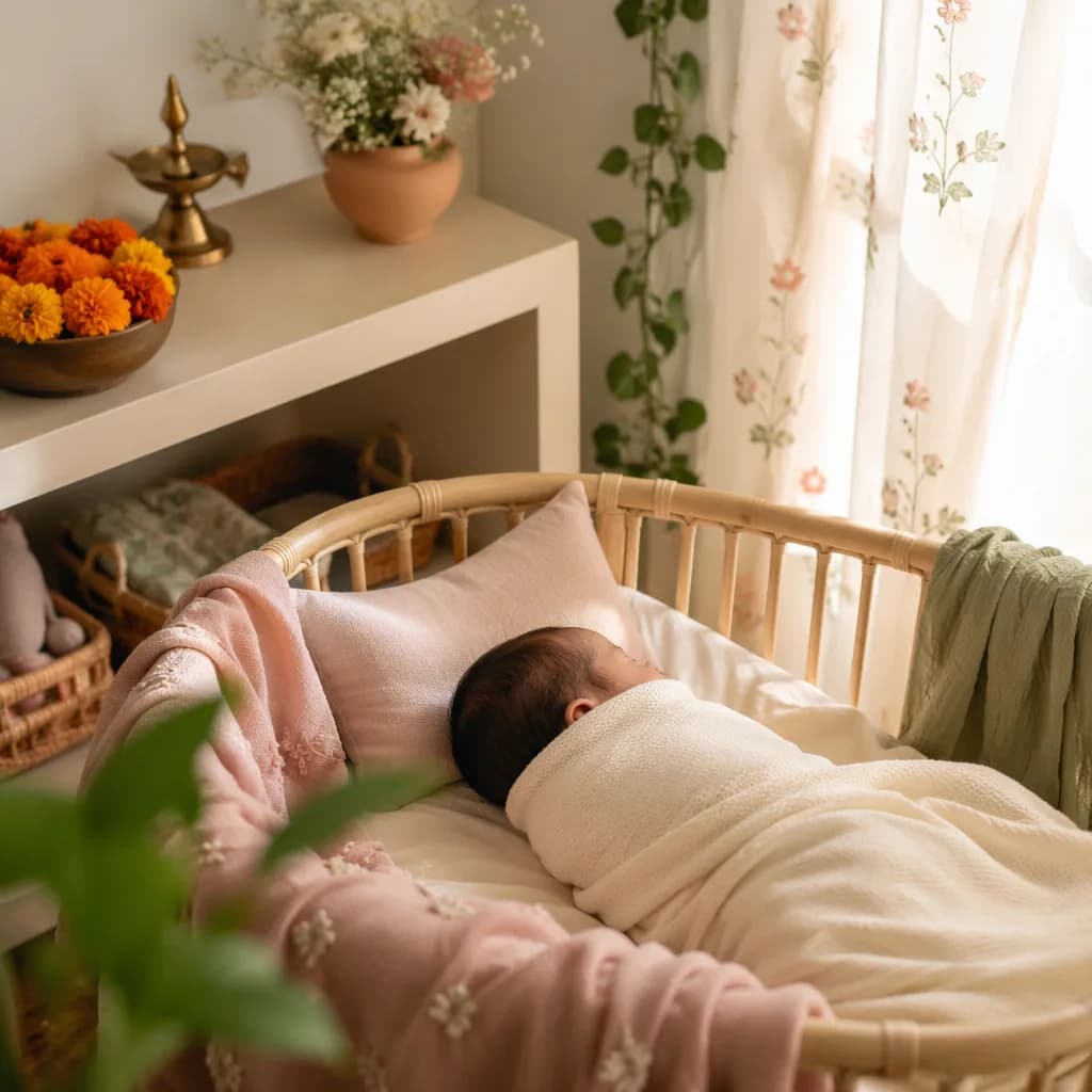 Sleeping newborn in a warm pastel nursery with soft Indian-inspired decor.